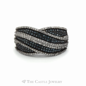 Blue & White Diamond Multi Row Curved Band in 10k White Gold Romantic Feel Graceful Structure
