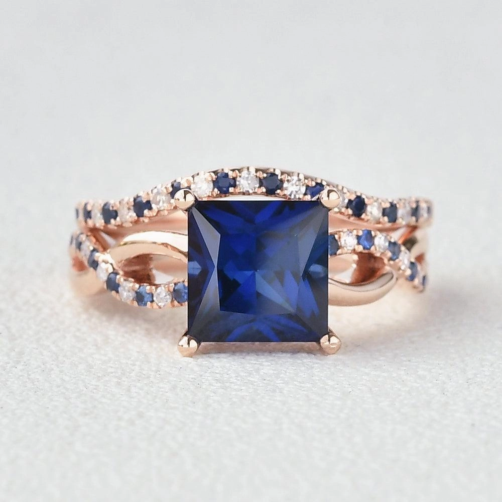 Evening Glam Blue Sapphire & Moissanite Retro Style Ring Set 2pcs