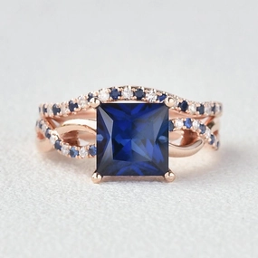 Evening Glam Blue Sapphire & Moissanite Retro Style Ring Set 2pcs