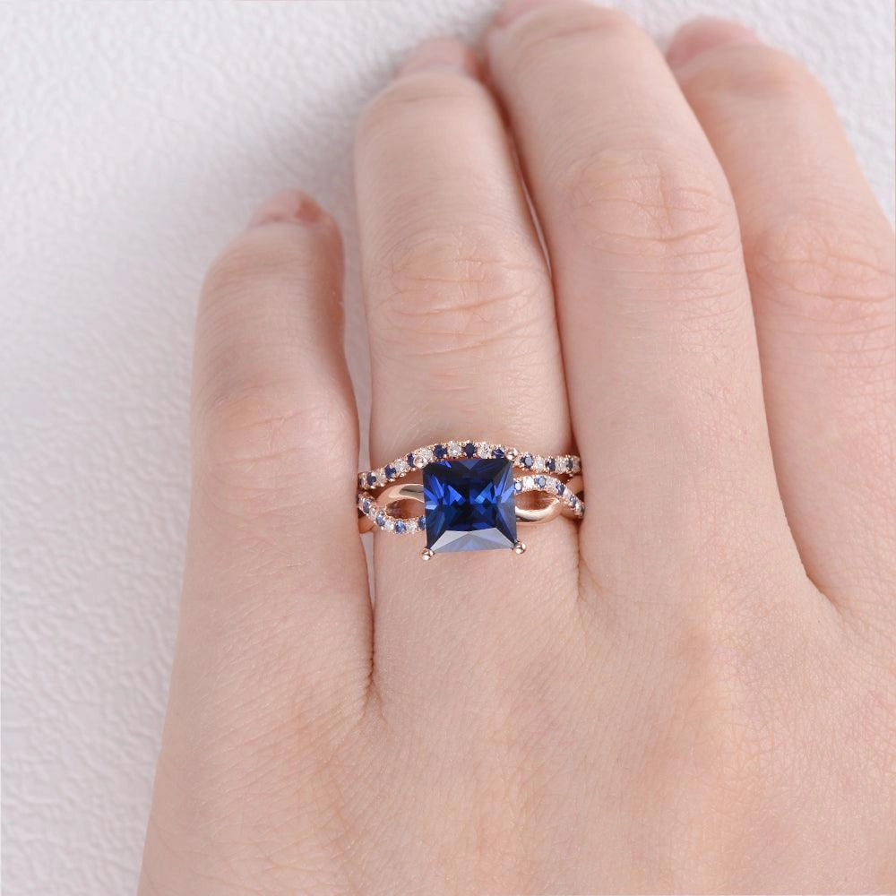 Blue Sapphire & Moissanite Retro Style Ring Set 2pcs Classic Finish