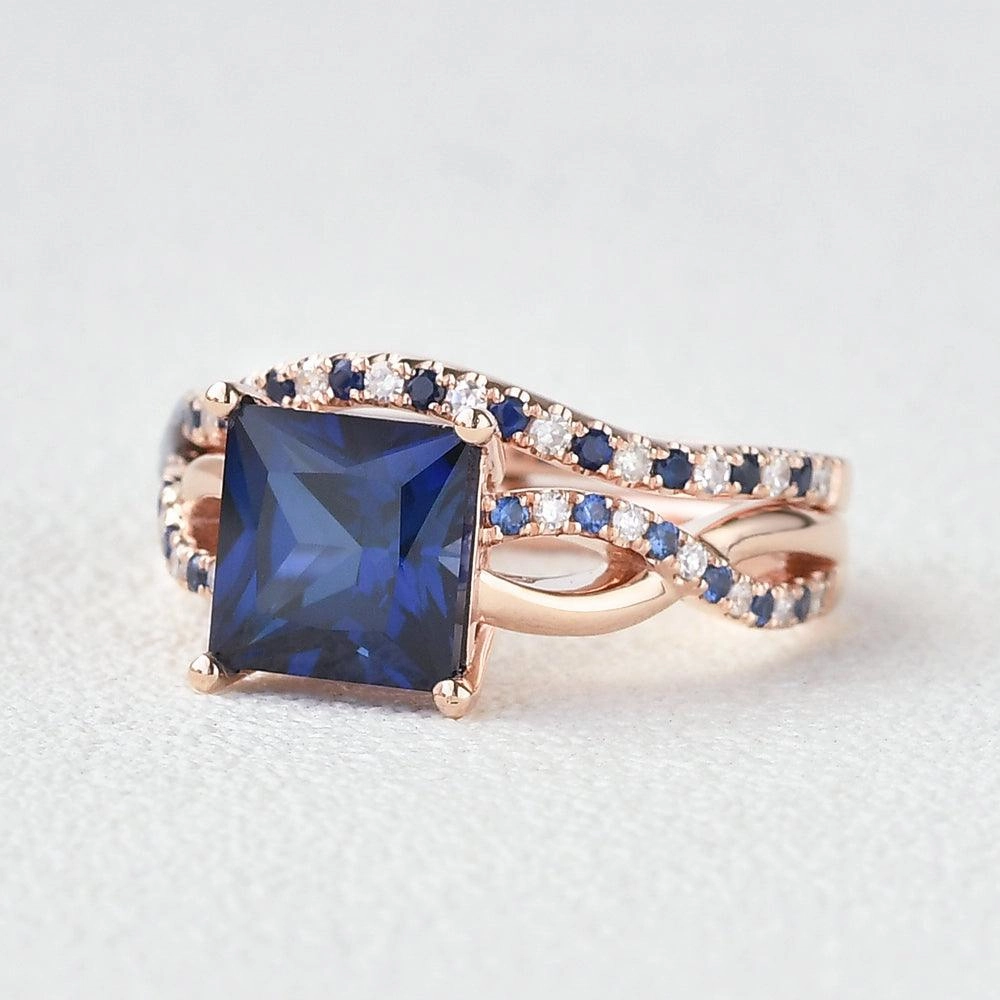 Everyday Accessory Chic Mood Blue Sapphire & Moissanite Retro Style Ring Set 2pcs