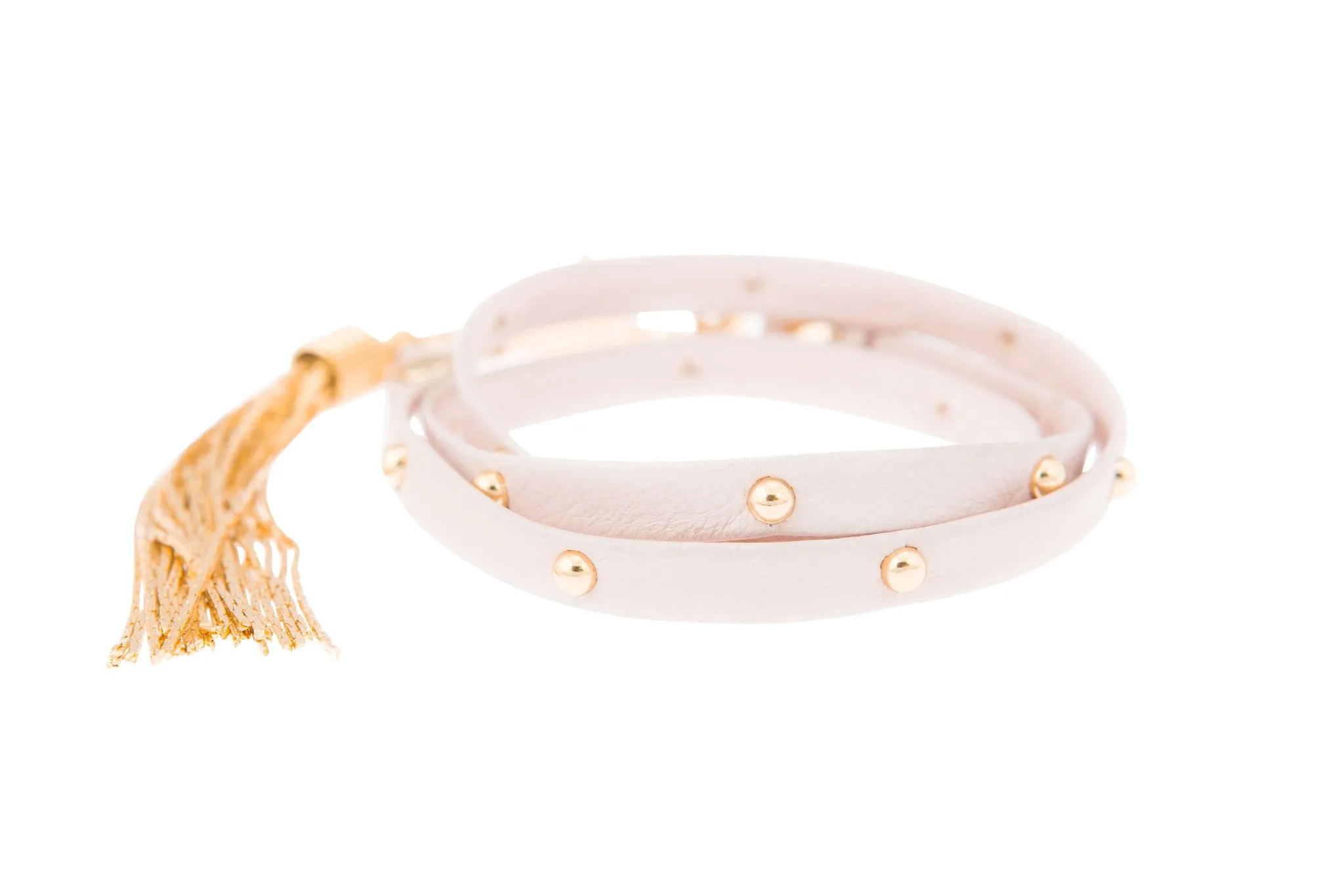 Blush Pink Leather Studded Triple Wrap Tassel Bracelet