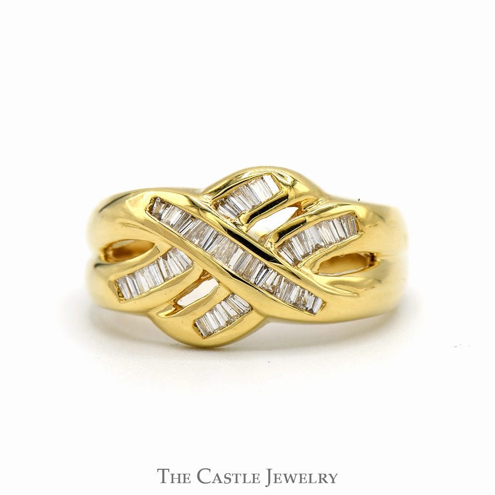 Weekend Style Soft Edge 1/2cttw Baguette Diamond Ring with Interweaving Rows in 18k Yellow Gold