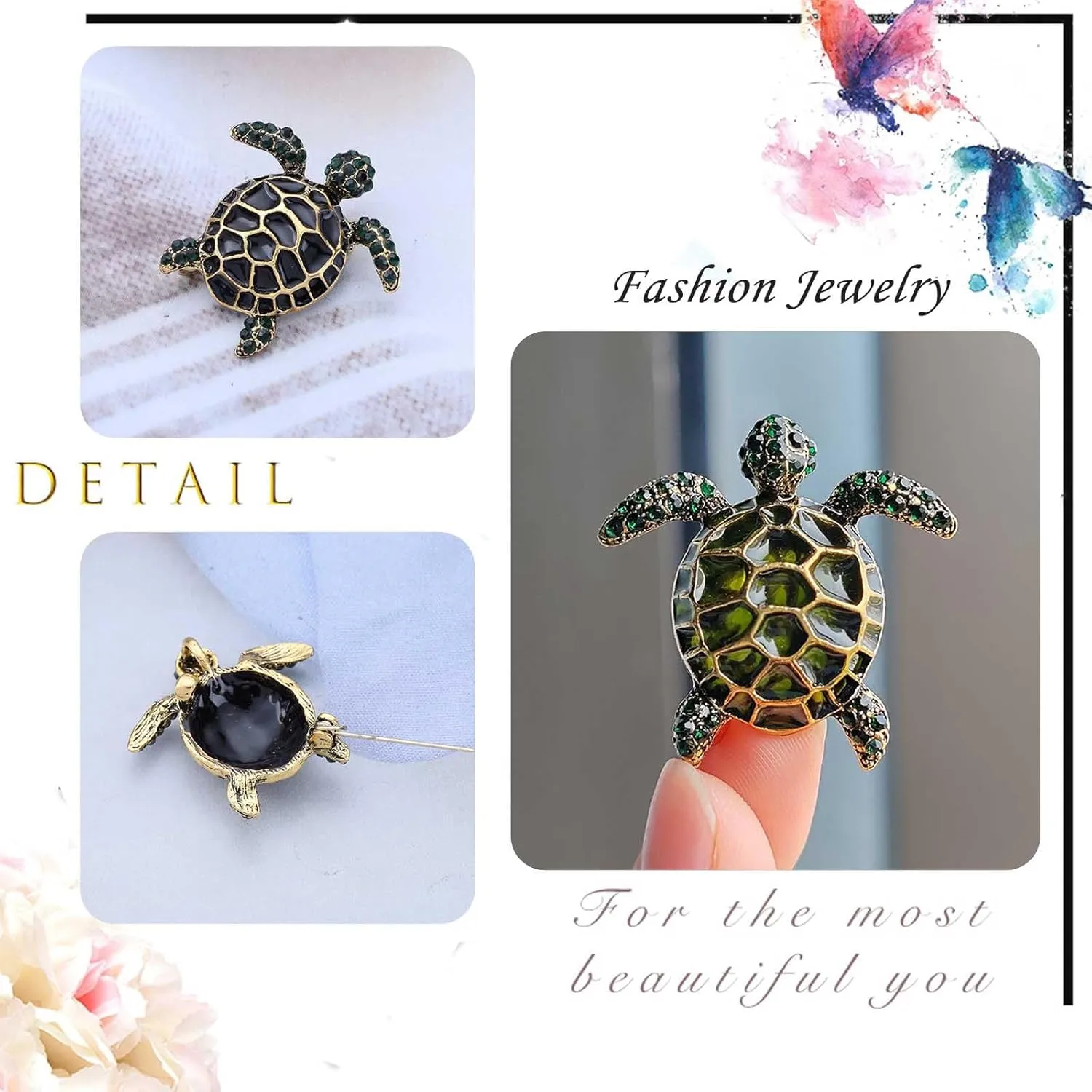 Bohemia Rhinestone Turtle Brooch Pin Crystal Turtle Tortoise Enamel Brooch Diamond CZ Turtle Animal Safty Pin Cute Sea Turtle Corsage Pin Clothing Decor Badges Jewelry for Women