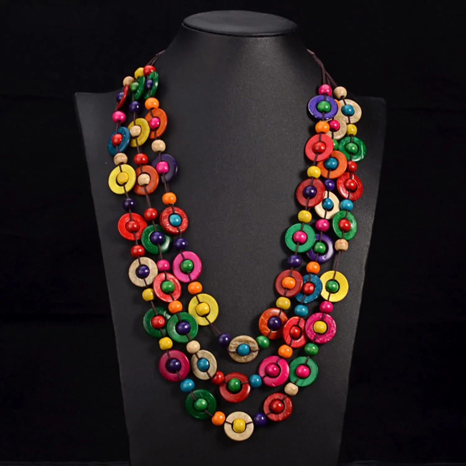Bohemian Wood Bead Necklace for Women Long Layered Sweater Chain Statement Choker Necklace