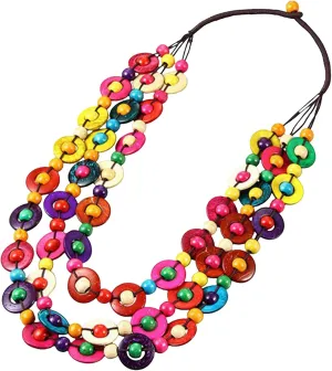 Bohemian Wood Bead Necklace for Women Long Layered Sweater Chain Statement Choker Necklace