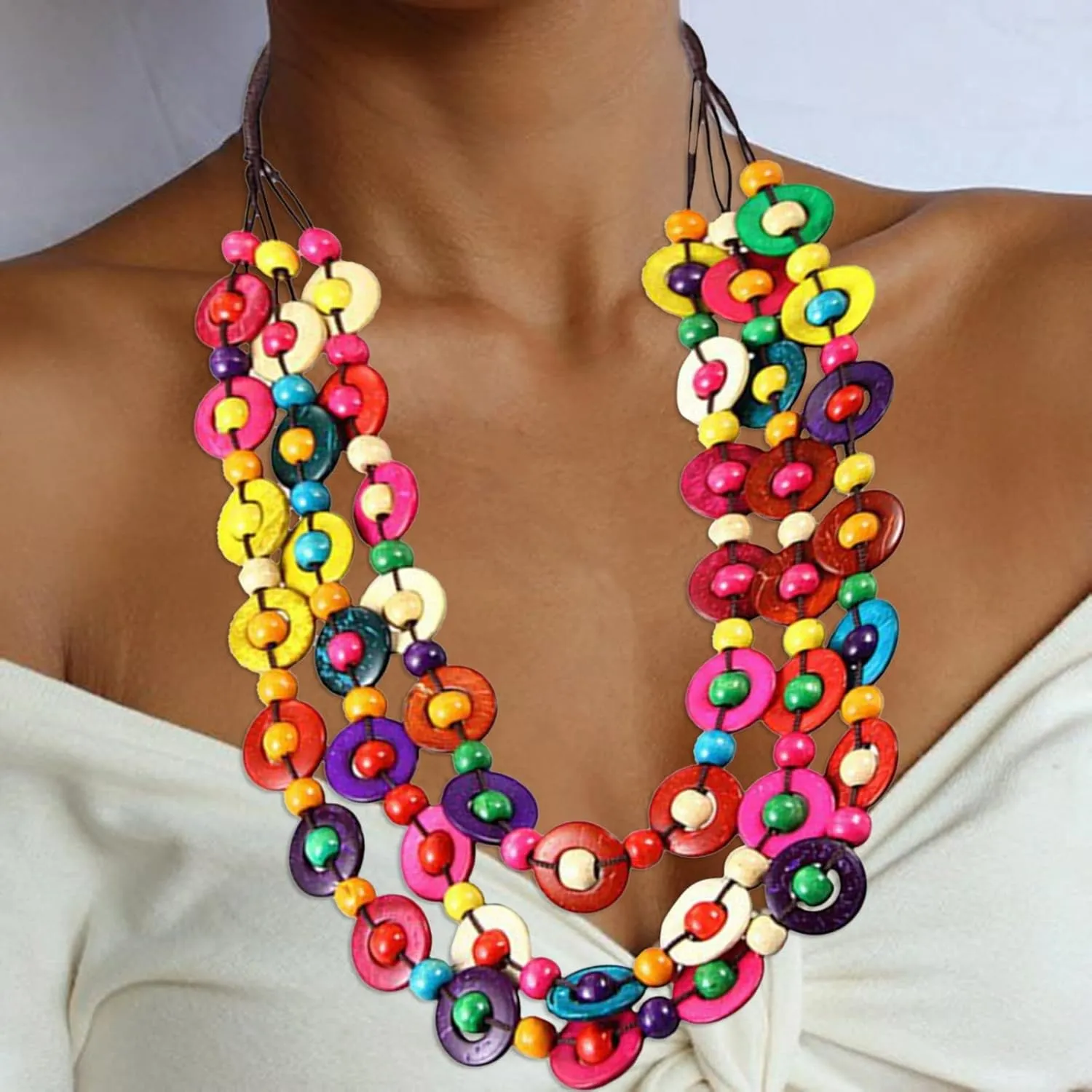Bohemian Wood Bead Necklace for Women Long Layered Sweater Chain Statement Choker Necklace
