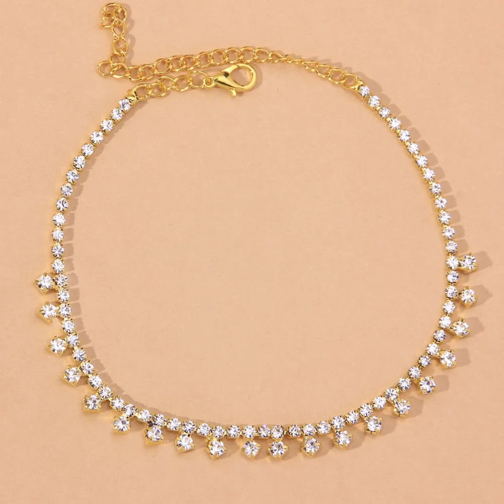 Boho Beach Barefoot Anklet with Rhinestones - 11 Inches Zinc Alloy Lobster Claw Closure Jewelry Gift