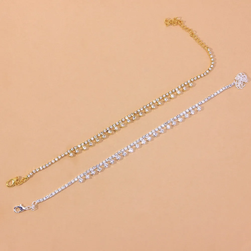 Boho Beach Barefoot Anklet with Rhinestones - 11 Inches Zinc Alloy Lobster Claw Closure Jewelry Gift