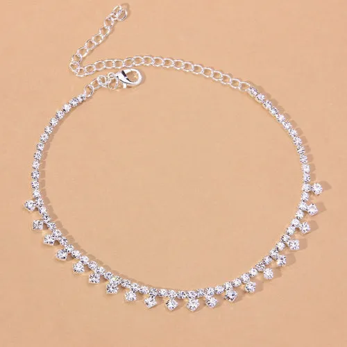 Boho Beach Barefoot Anklet with Rhinestones - 11 Inches Zinc Alloy Lobster Claw Closure Jewelry Gift