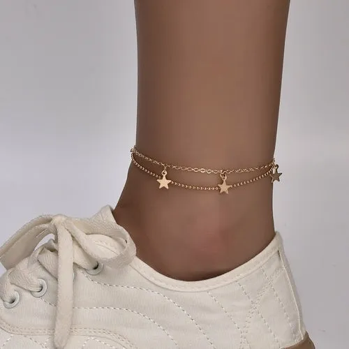 Boho Star Charm Adjustable Anklet for Women - Gold/Silver Finish