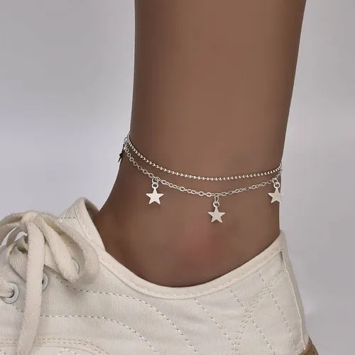Boho Star Charm Adjustable Anklet for Women - Gold/Silver Finish