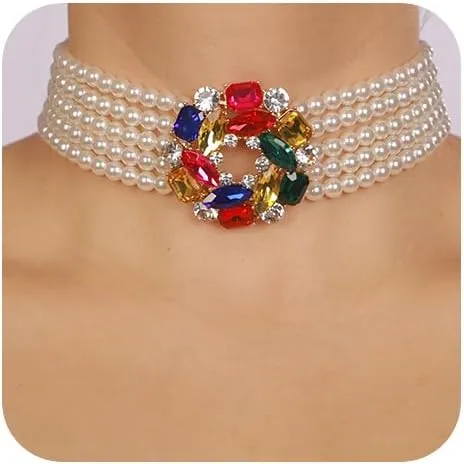 Boho Women Multilayer 1920s Rhinestone Necklaces Gold Silver Dainty Pearls Layered Choker Necklaces Colorful Fashion Chunky Pendant Multilayer Adjustable Layering Chain Necklaces for Women