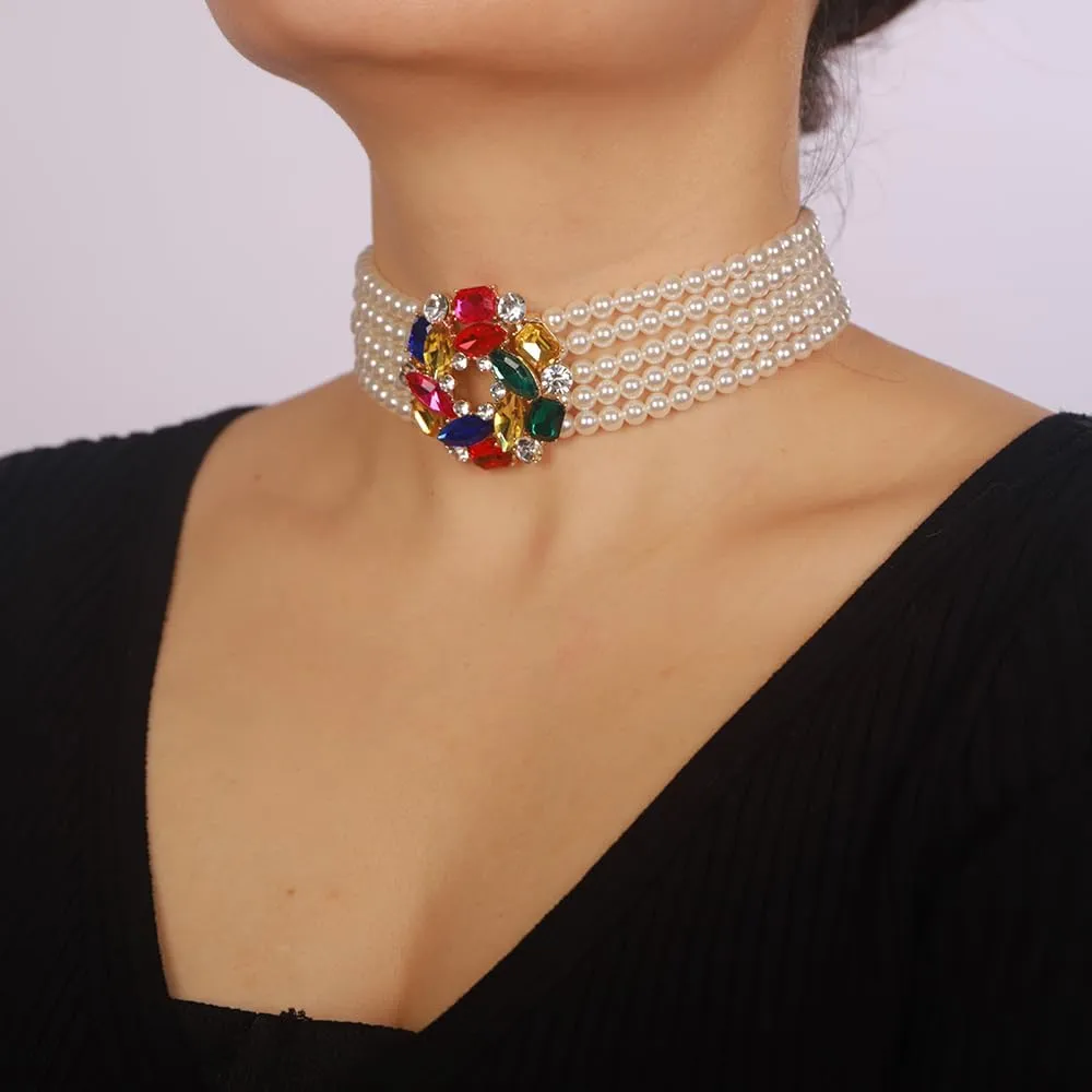 Boho Women Multilayer 1920s Rhinestone Necklaces Gold Silver Dainty Pearls Layered Choker Necklaces Colorful Fashion Chunky Pendant Multilayer Adjustable Layering Chain Necklaces for Women