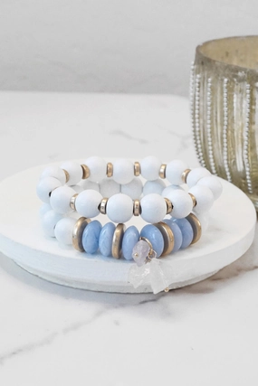 Praiseworthy Combination Boho Beaded Bracelet Set Wood Acrylic and Golden Metal Beads Quartz