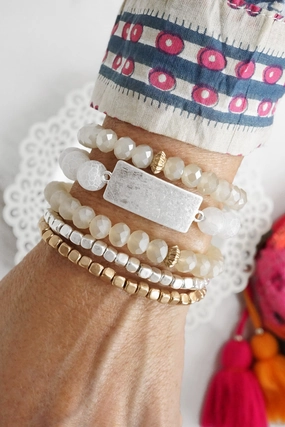Feel-Good Factor Boho Beaded Bracelet Stack Semi Precious Silver Tone Plaque