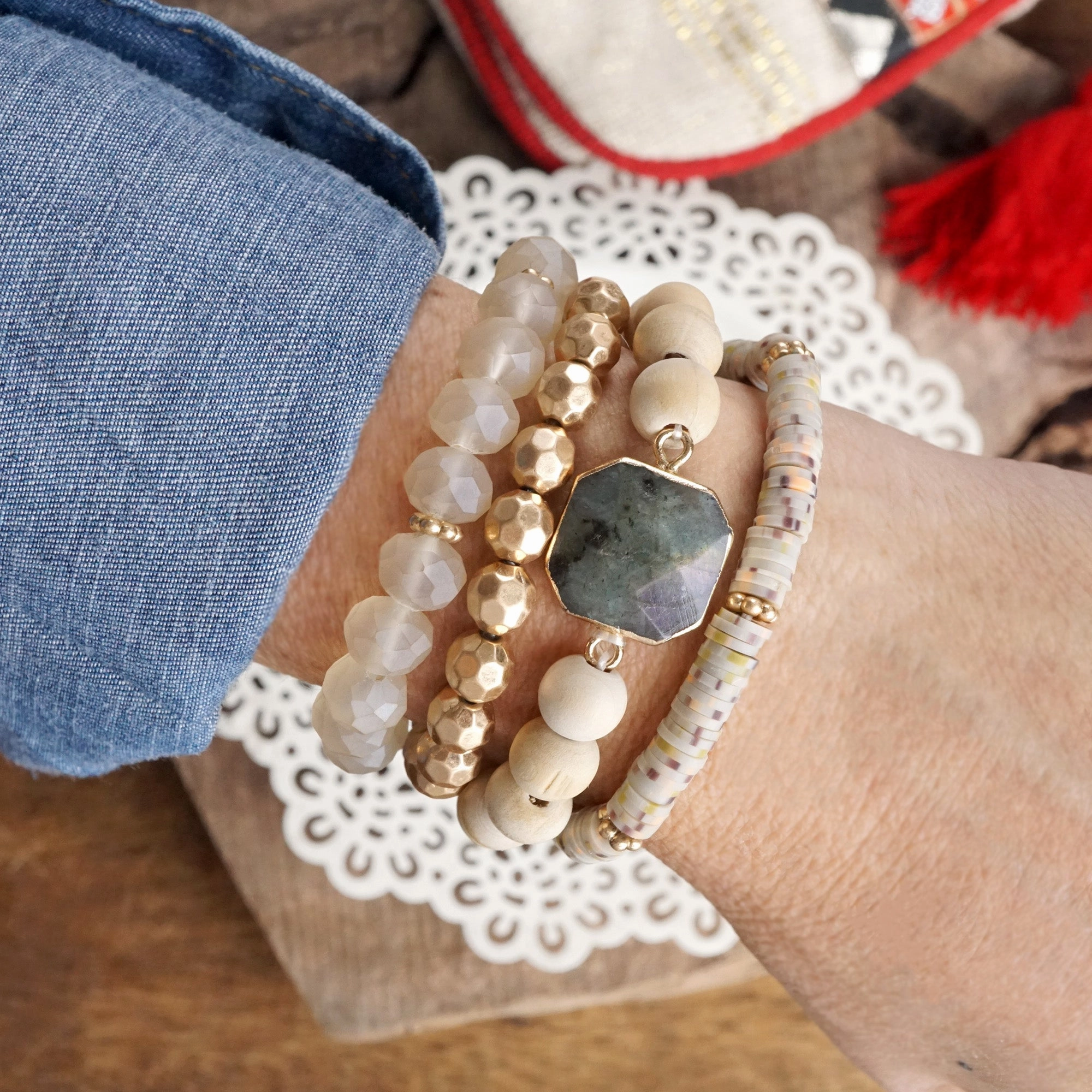 Exceptional Talent Boho Beaded Bracelets Set Semi Precious Labradorite Center Stone Wood Glass Clay Beads Gold tone