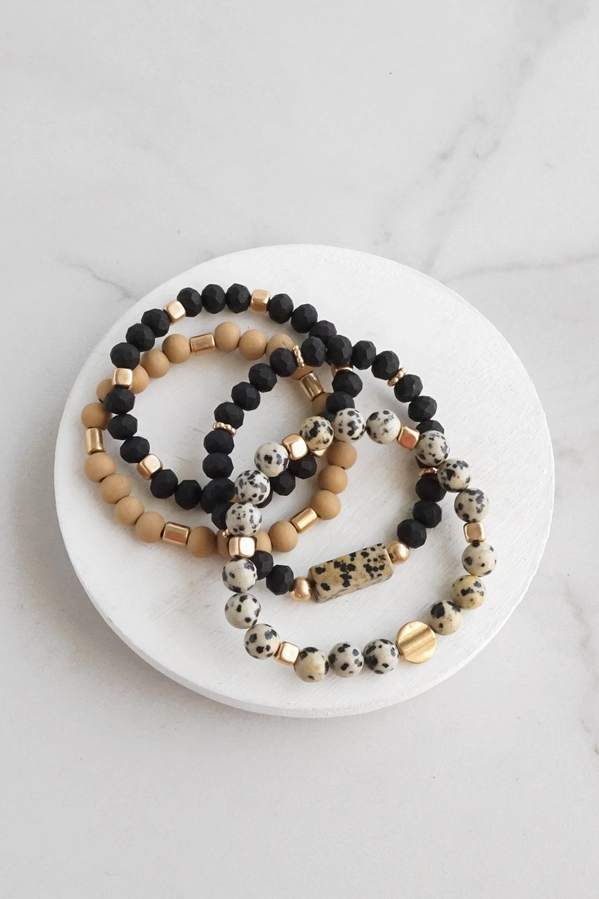 Boho Beads 4 Bracelets stack Dalmatian Jasper stones Black gold tone Designed To Fit