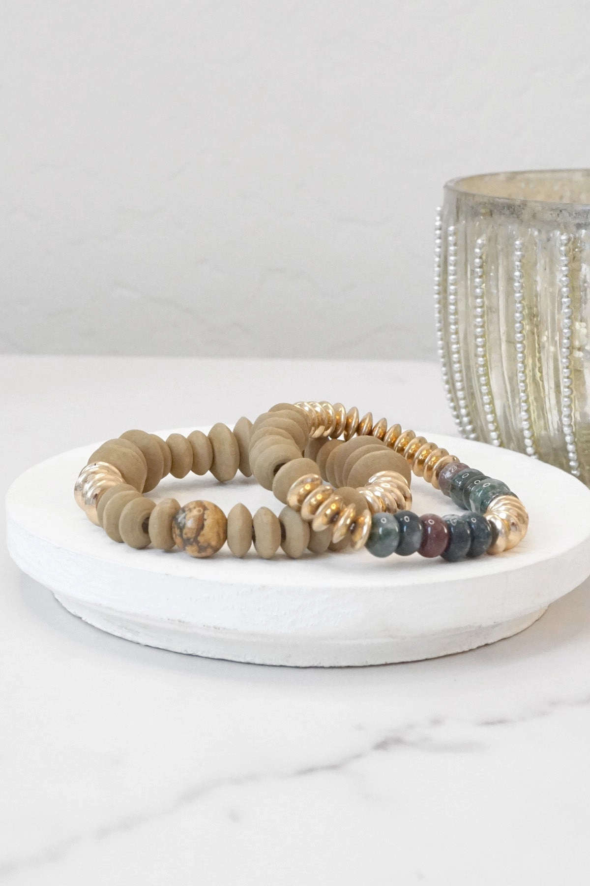 Rosy Blends Boho Beads Bracelets set Wood Metal and Stones beads Cream Black Khaki