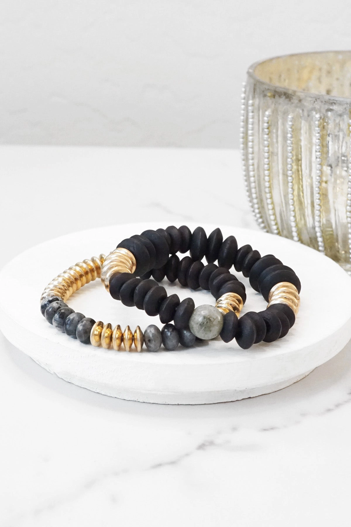 Boho Beads Bracelets set Wood Metal and Stones beads Cream Black Khaki Flawless Pick Praiseworthy Composites