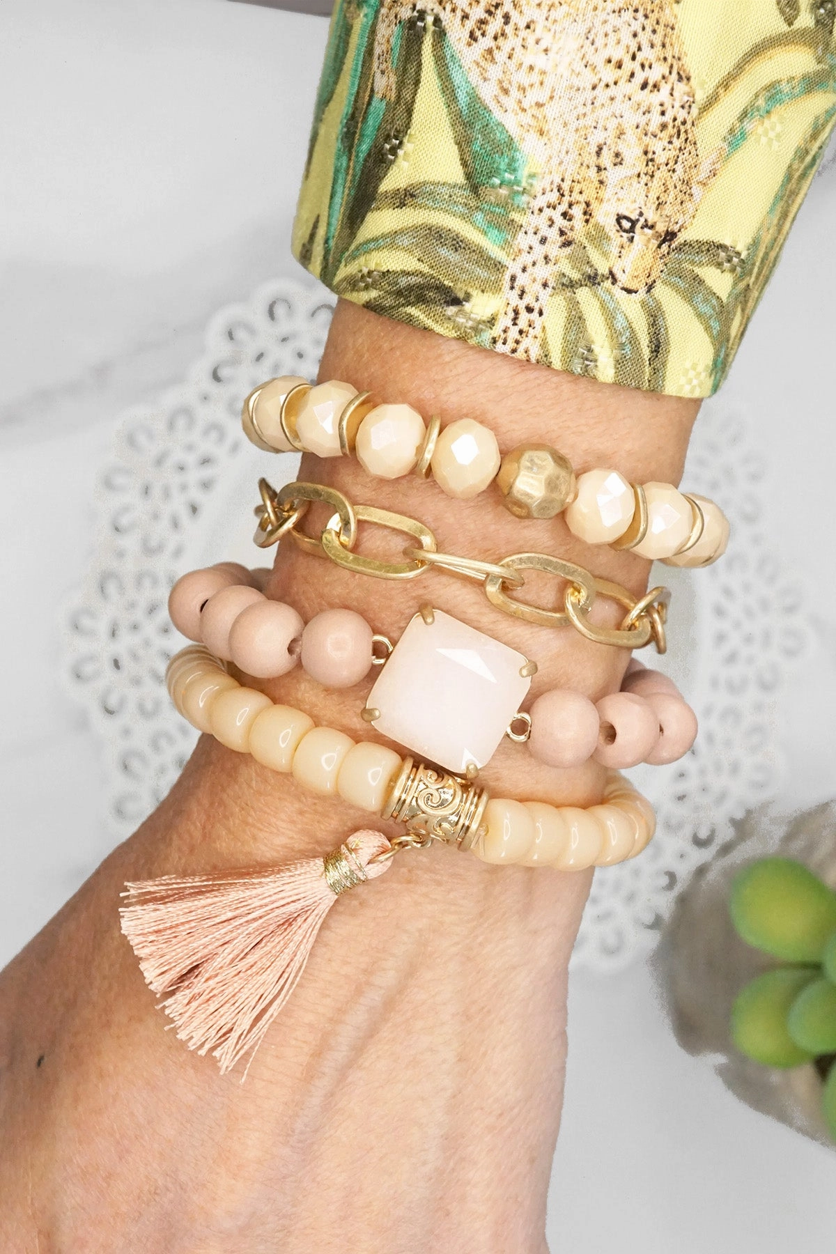 Cheerful Coincidence Boho Beads Tassel Bracelets set with Semi Precious stone Peach