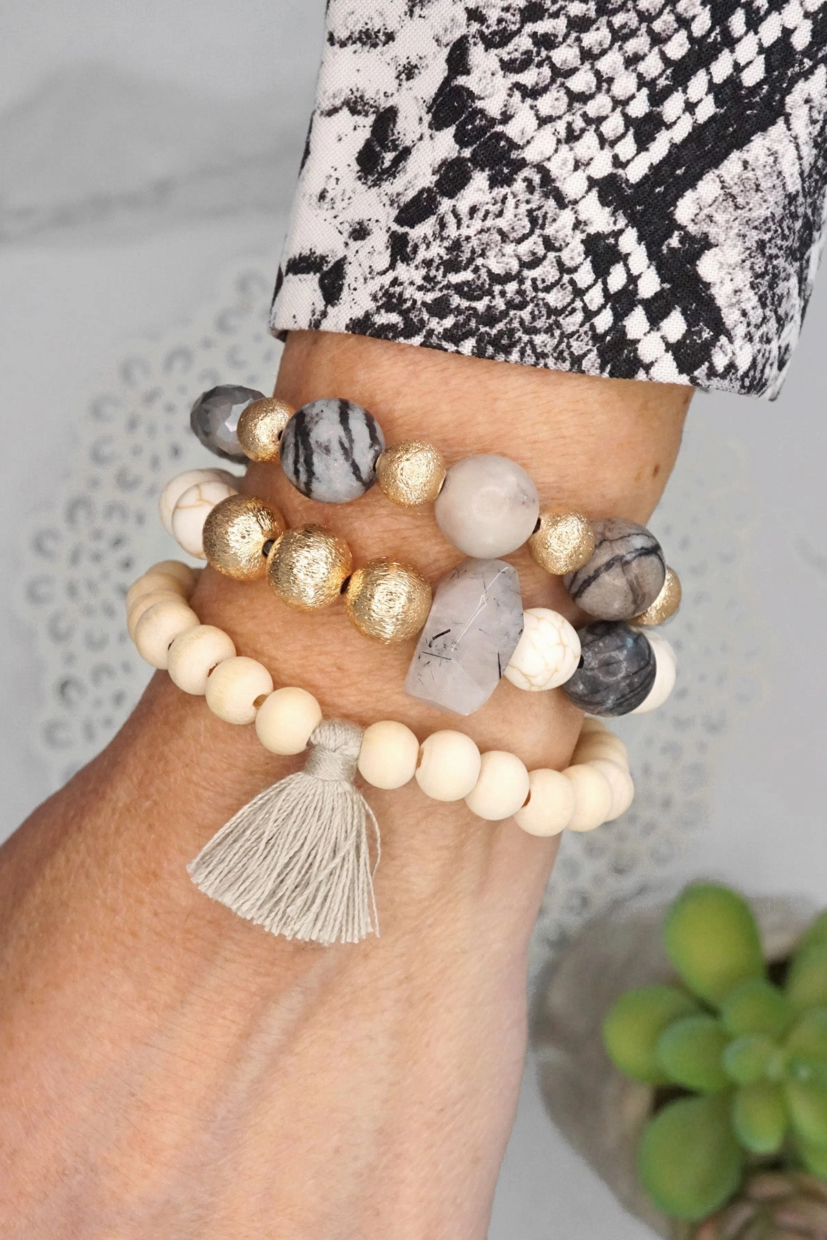 Chakra Balance Casual Elegance Boho Beads Tassel Bracelets set with Semi Precious stones beads Gray