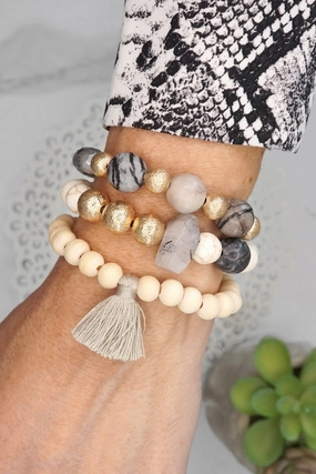 Chakra Balance Casual Elegance Boho Beads Tassel Bracelets set with Semi Precious stones beads Gray