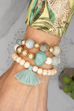 Independent Designer Cultural Influence Boho Beads Tassel Bracelets set with Semi Precious stones beads Mint and white
