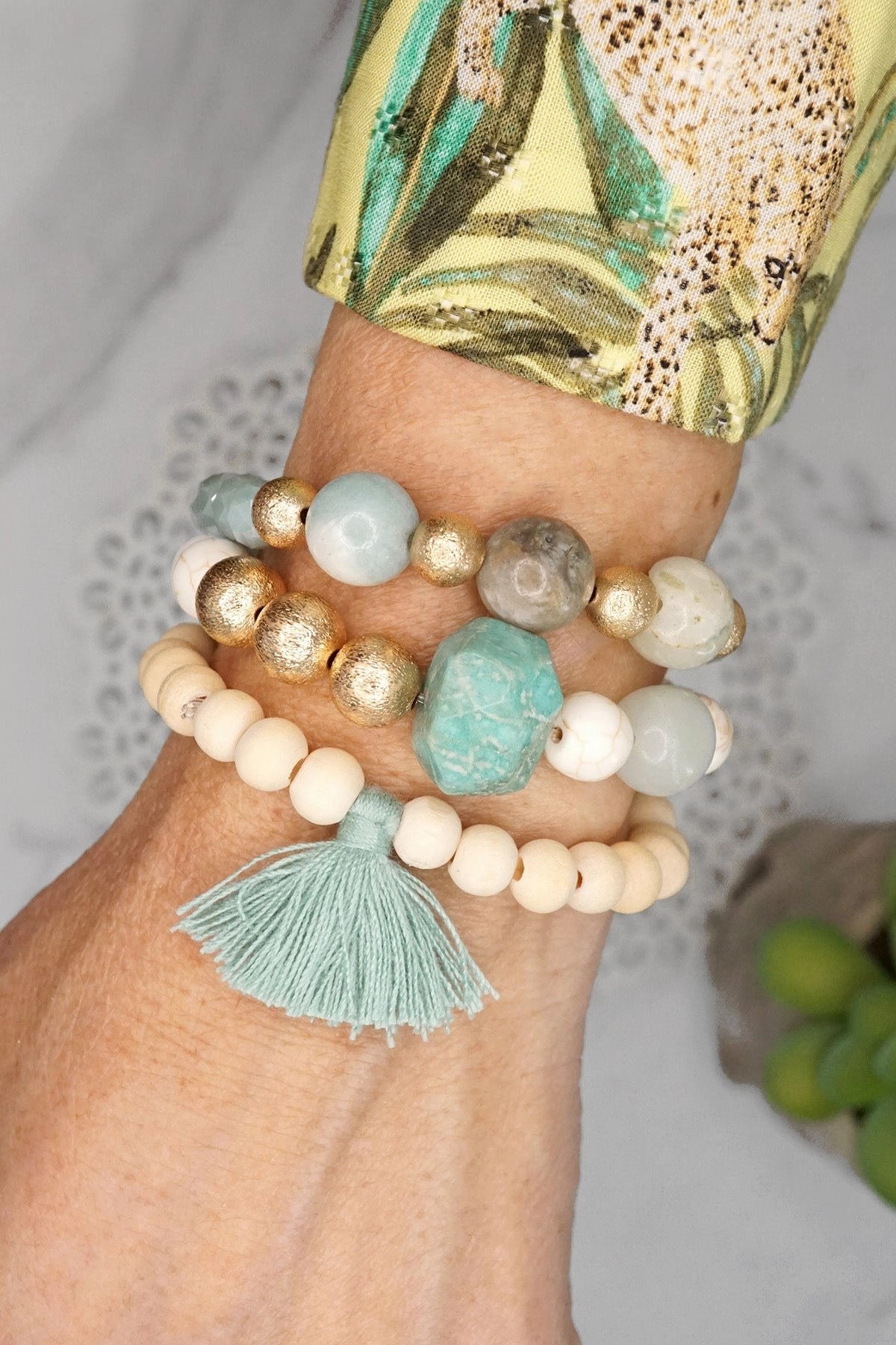 Independent Designer Cultural Influence Boho Beads Tassel Bracelets set with Semi Precious stones beads Mint and white