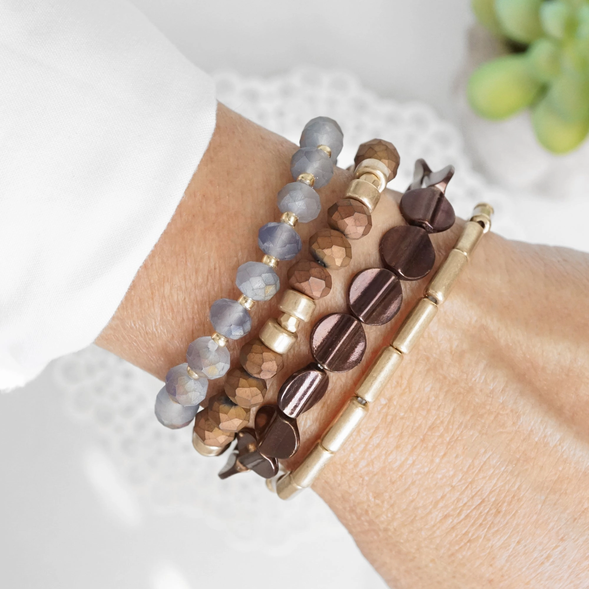 Instant Vision Boho Bracelet Set in Brown Grey and worn gold tone