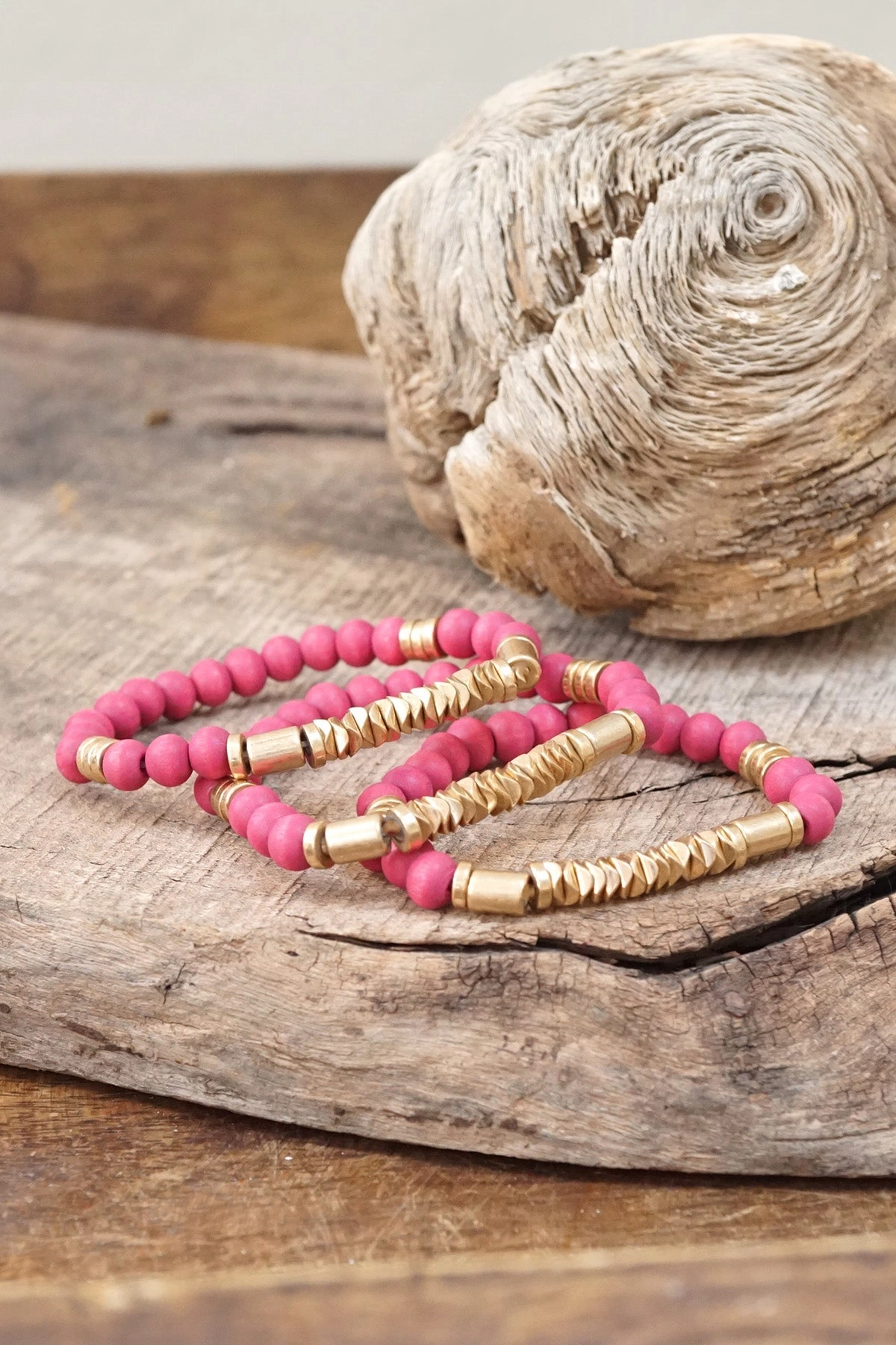 in demand Artistic Rebel Boho Bracelets Stacks Wood and Metal Beads Pink White Neutral Gold