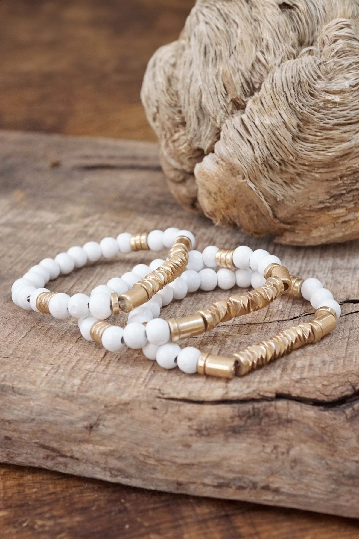 Boho Bracelets Stacks Wood and Metal Beads Pink White Neutral Gold Unifying Detail Modest Price