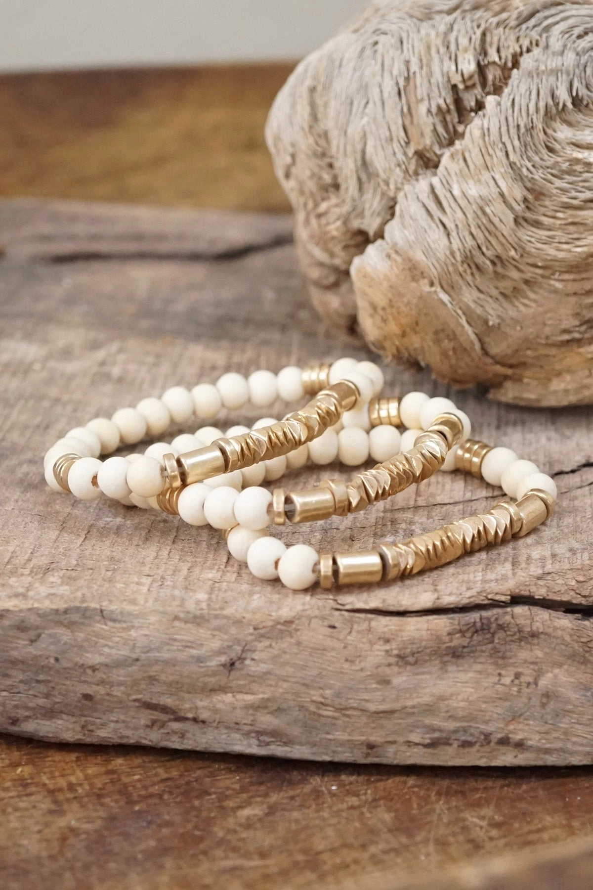 Premium Choice Boho Bracelets Stacks Wood and Metal Beads Pink White Neutral Gold