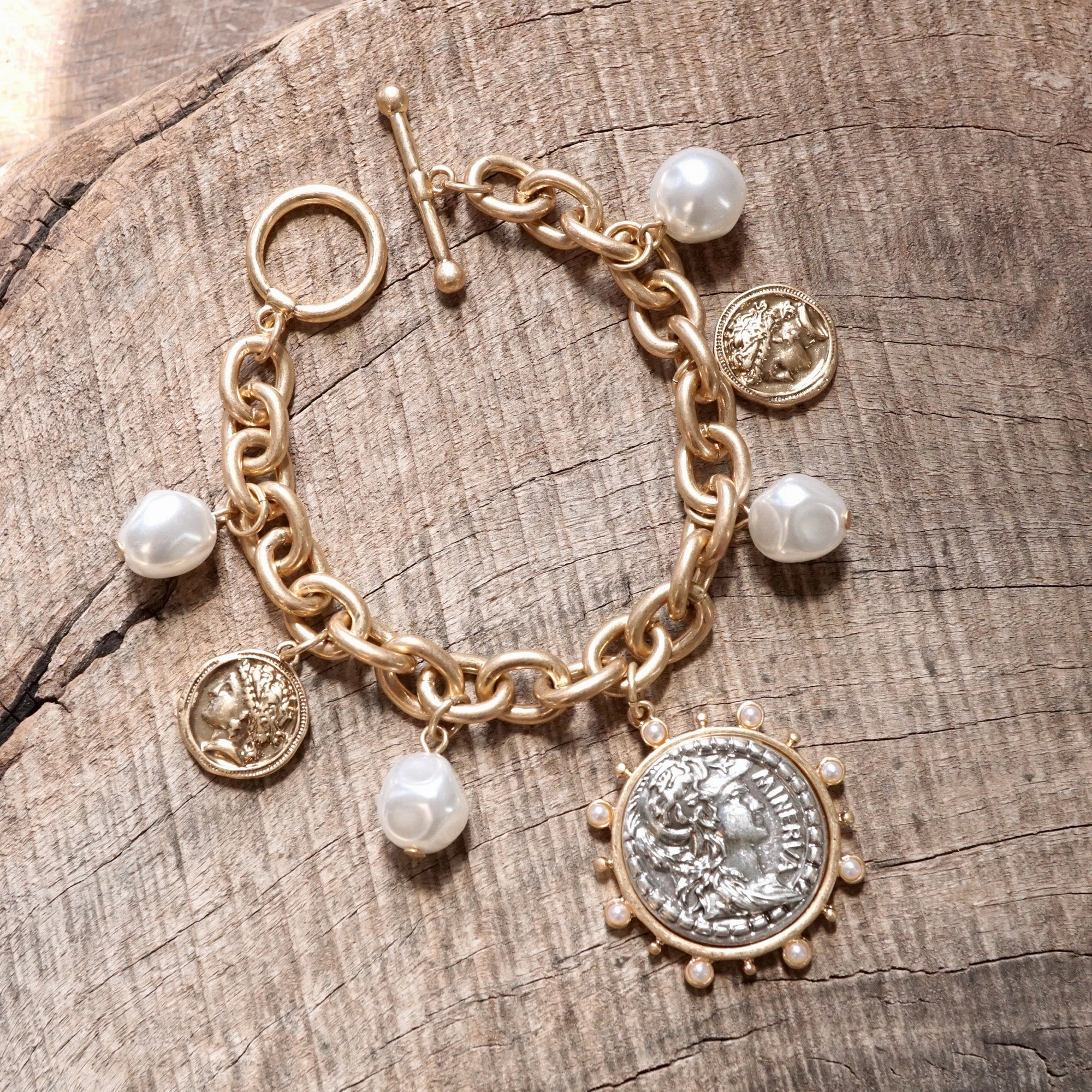 Boho Coin and Pearl Charms Statement Bracelet ?C Gold and Silver Tone Humble Glamour Timelessly Focused