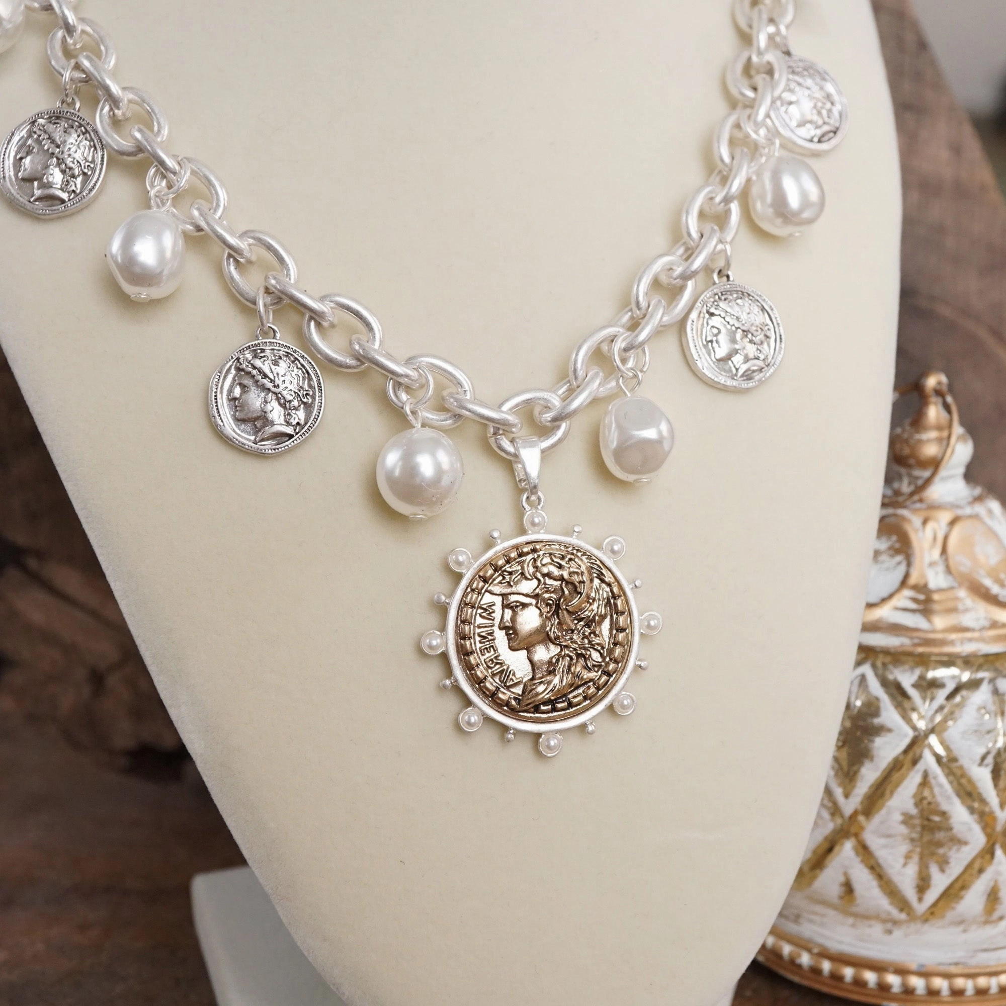 Classic Boy Boho Coin and Pearl Charms Statement Necklace ?C Gold and Silver Tone