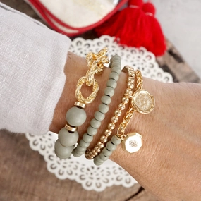 Durable Build Entertaining Aspect Beaded Bracelets set Wooden Beads Chain Coin Charms Grey