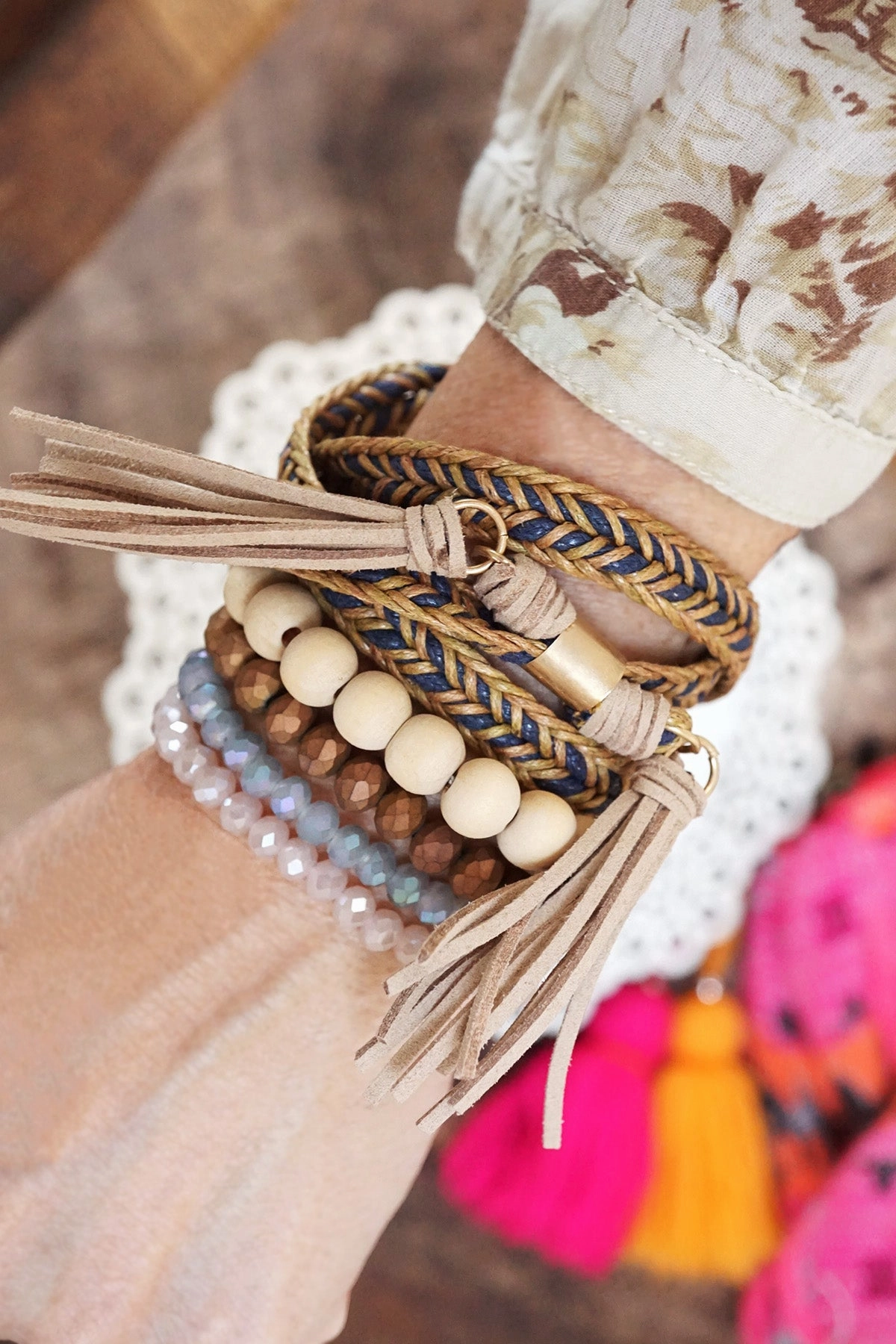 Boho Wrap Tassels and Beads Bracelet Stack in Dark Brown Unique Ornaments Innovative Style