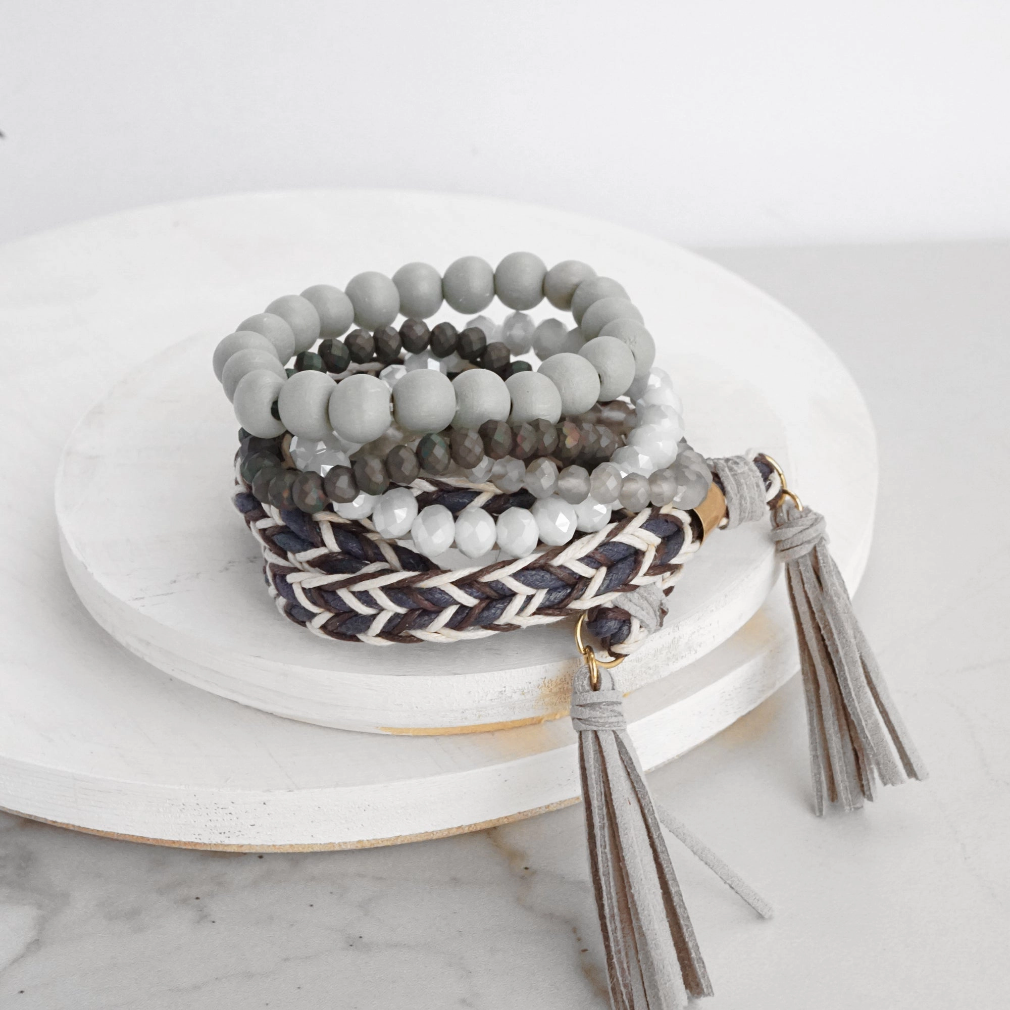 Boho Wrap Tassels and Beads Bracelet Stack in greys Heartwarming Connection mix and match