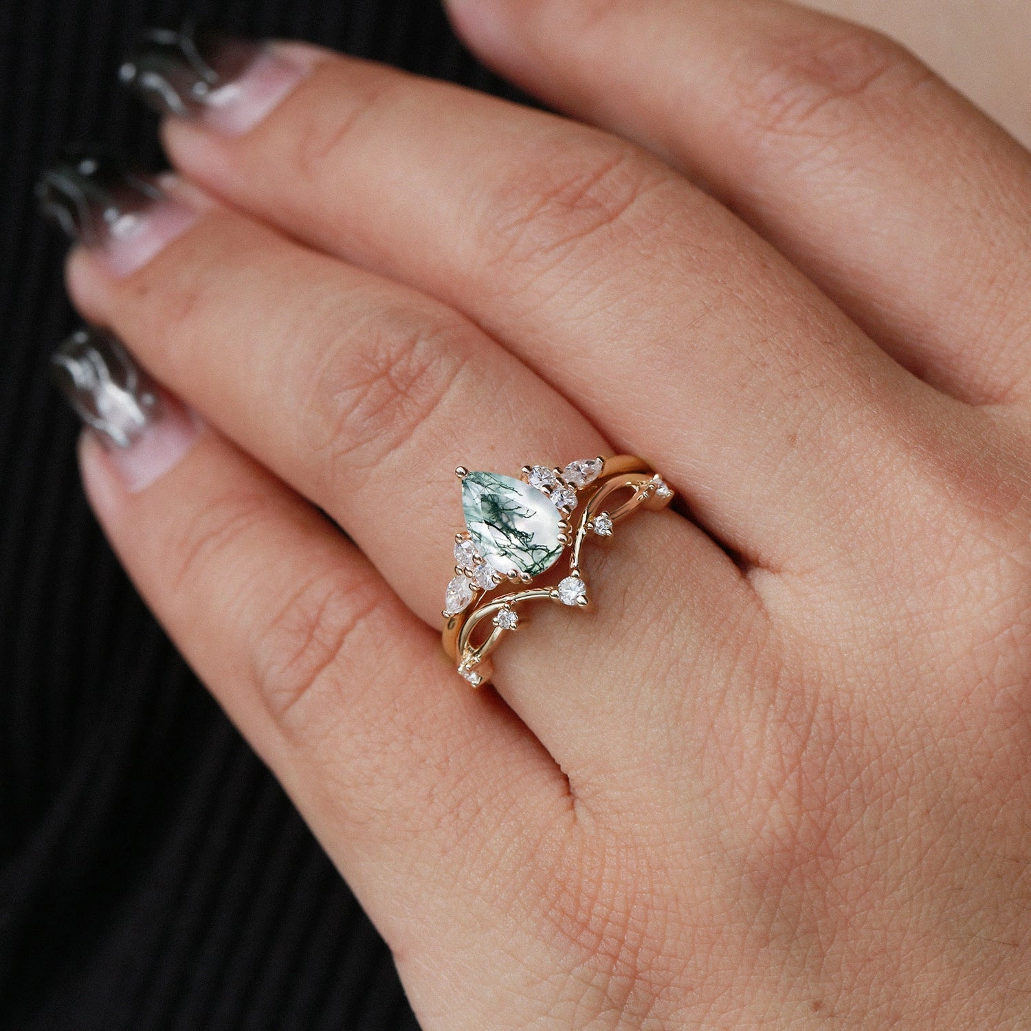 Branches Pear Moss Agate Leafy Ring Set 2pcs - Ona Flawless Glow summer look