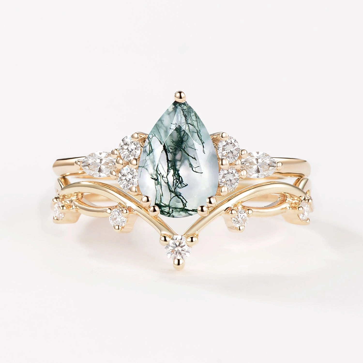 Modern Piece Branches Pear Moss Agate Leafy Ring Set 2pcs - Ona