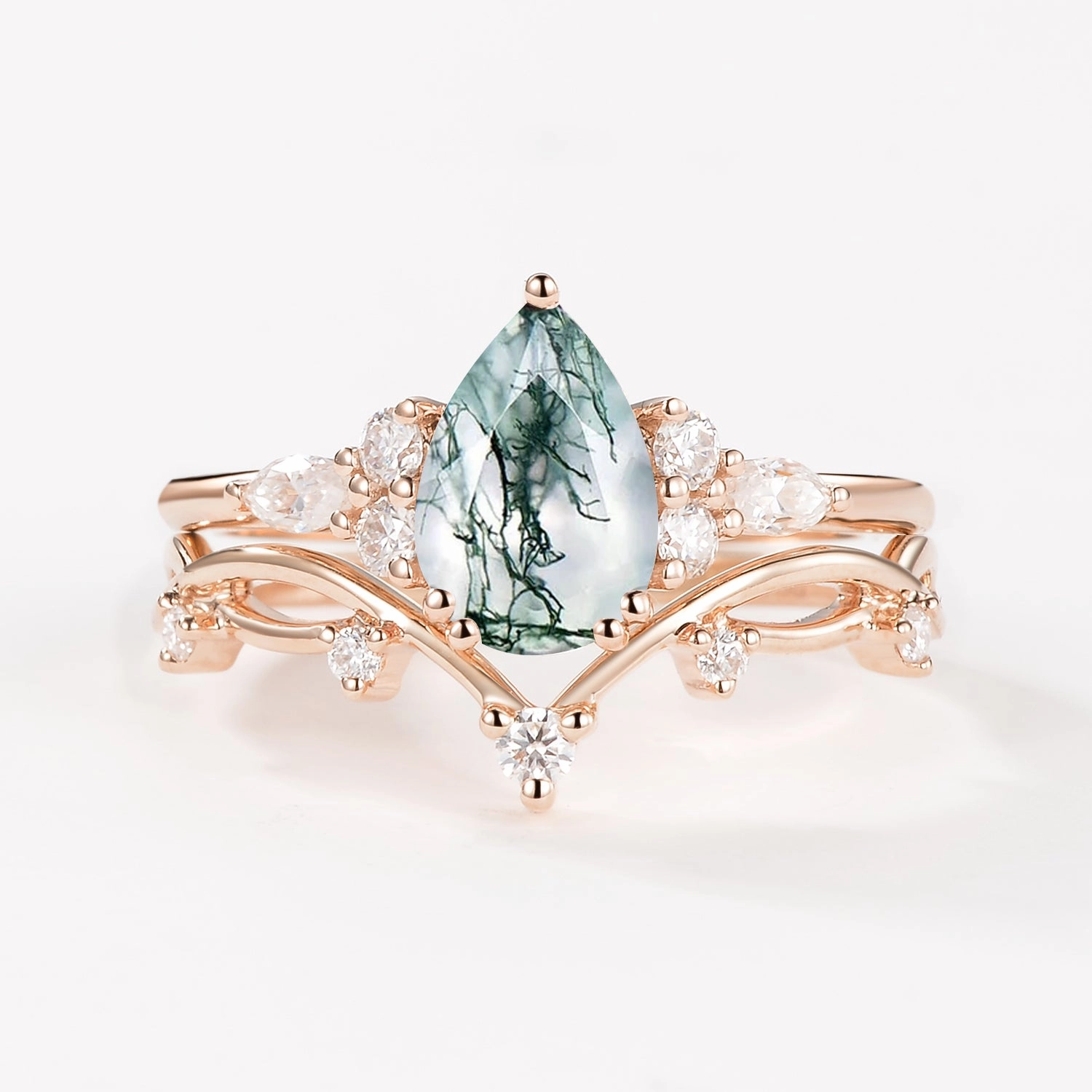 Branches Pear Moss Agate Leafy Ring Set 2pcs - Ona Night Mood Stylish Line