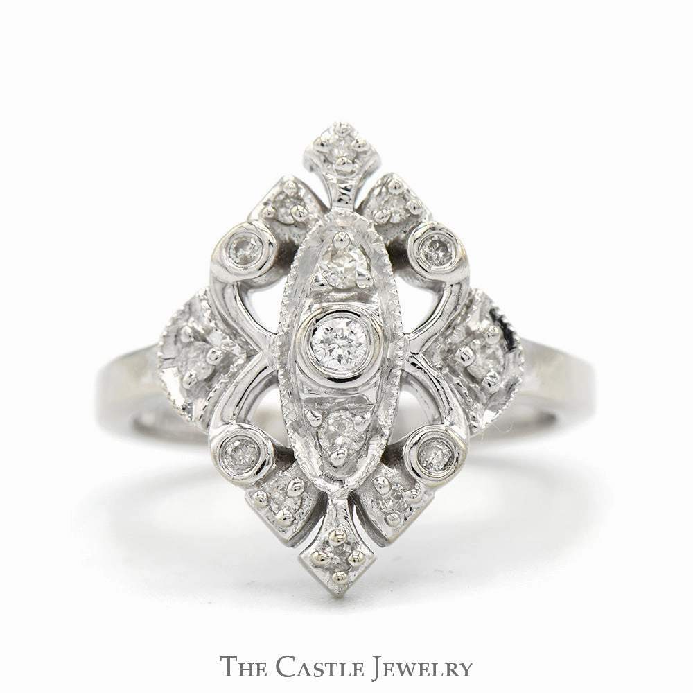 Romantic Embellishment Antique Style 1/4cttw Diamond Cluster Shield Ring in 10k White Gold