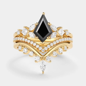 Sleek Outline All Time Kite Cut Black Moissanite Stacking Luxurious Engagement Bridal Set 3pcs - Amelia