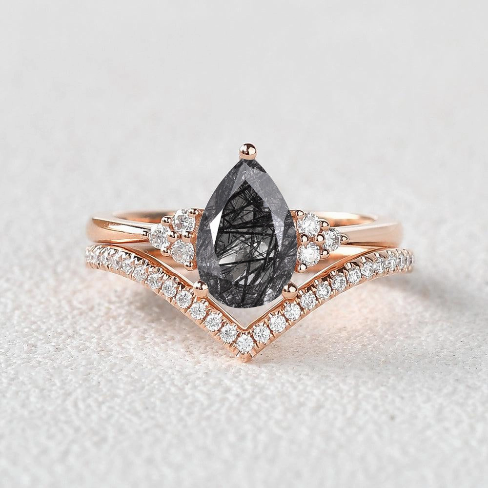 Pear Cut Black Rutilated Quartz Classic Engagement Ring Set 2pcs Bridal Touch
