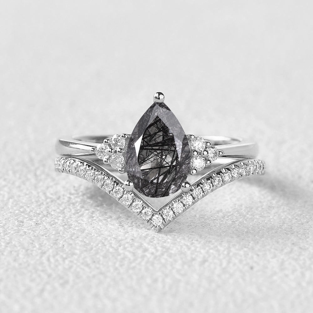 Chic Accessories Pastel Light Pear Cut Black Rutilated Quartz Classic Engagement Ring Set 2pcs