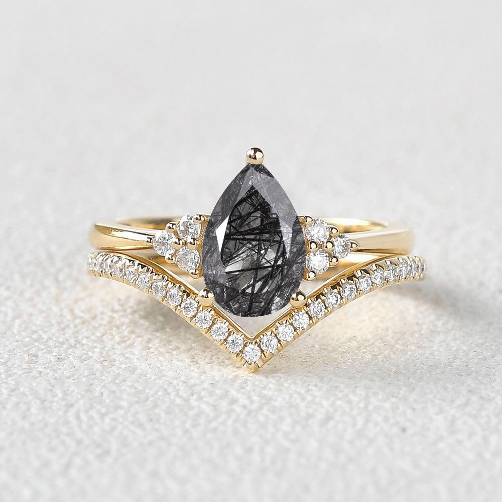 Layered Glow Glamorous look Pear Cut Black Rutilated Quartz Classic Engagement Ring Set 2pcs