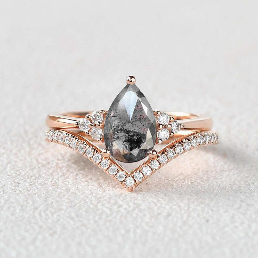 Bridal Accessory Pear Cut Black Rutilated Quartz Classic Engagement Ring Set 2pcs