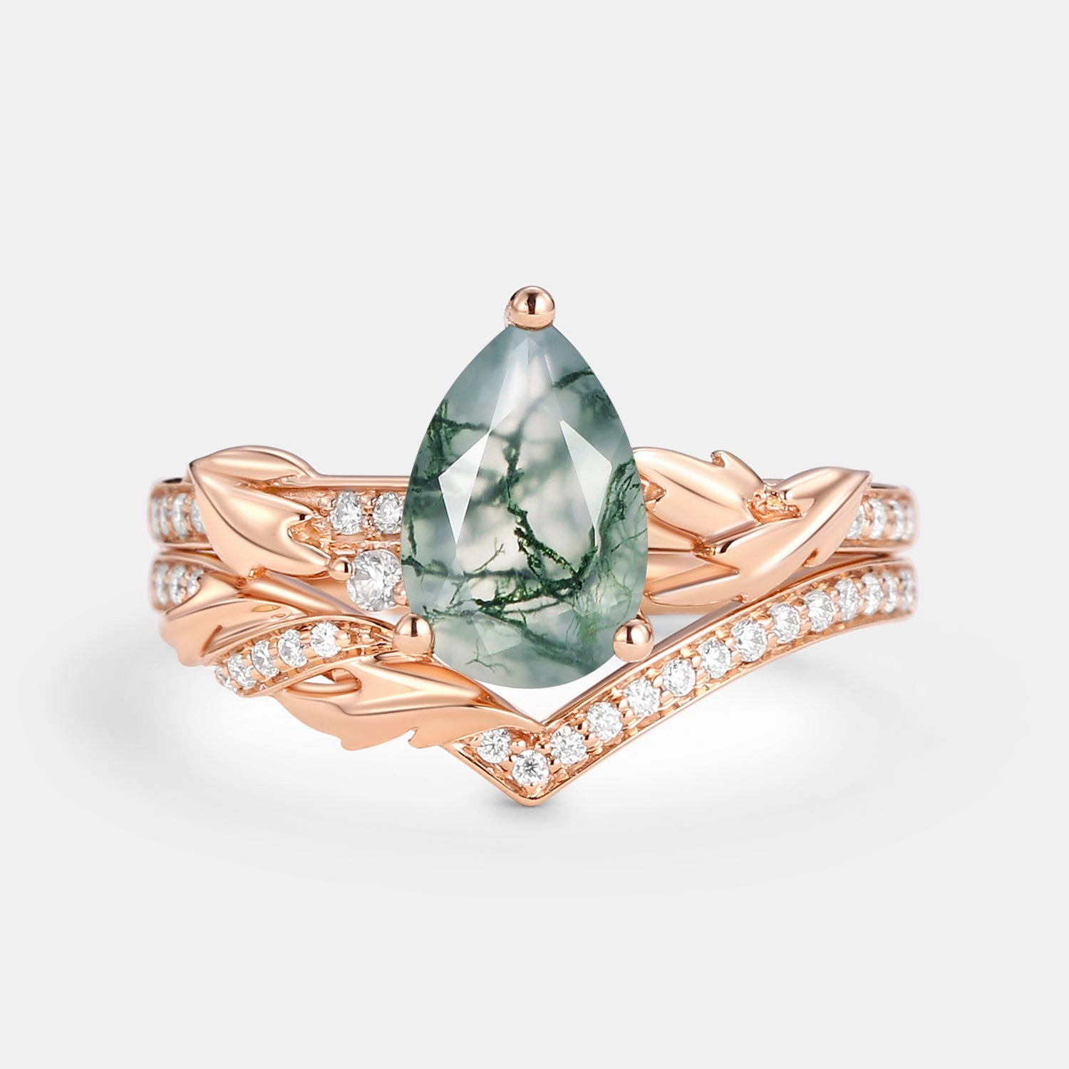 1.5ct Pear Cut Moss Agate Leafy Engagement Ring Set 2pcs Luxury Edge