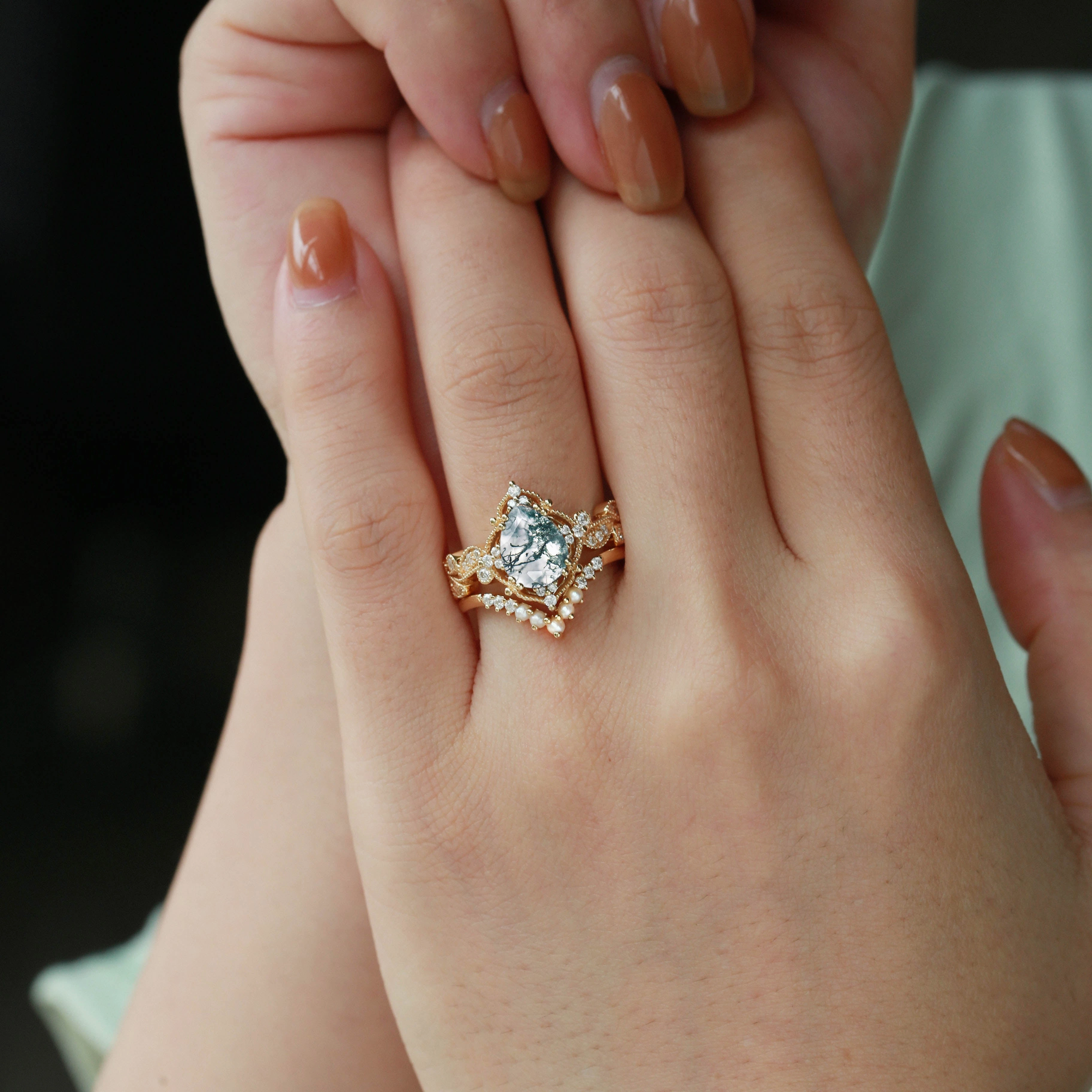 Bold Form Work Day Style Black Gold Pear Shaped Moss Agate & Pearl Engagement Ring Set 2pcs - Harper