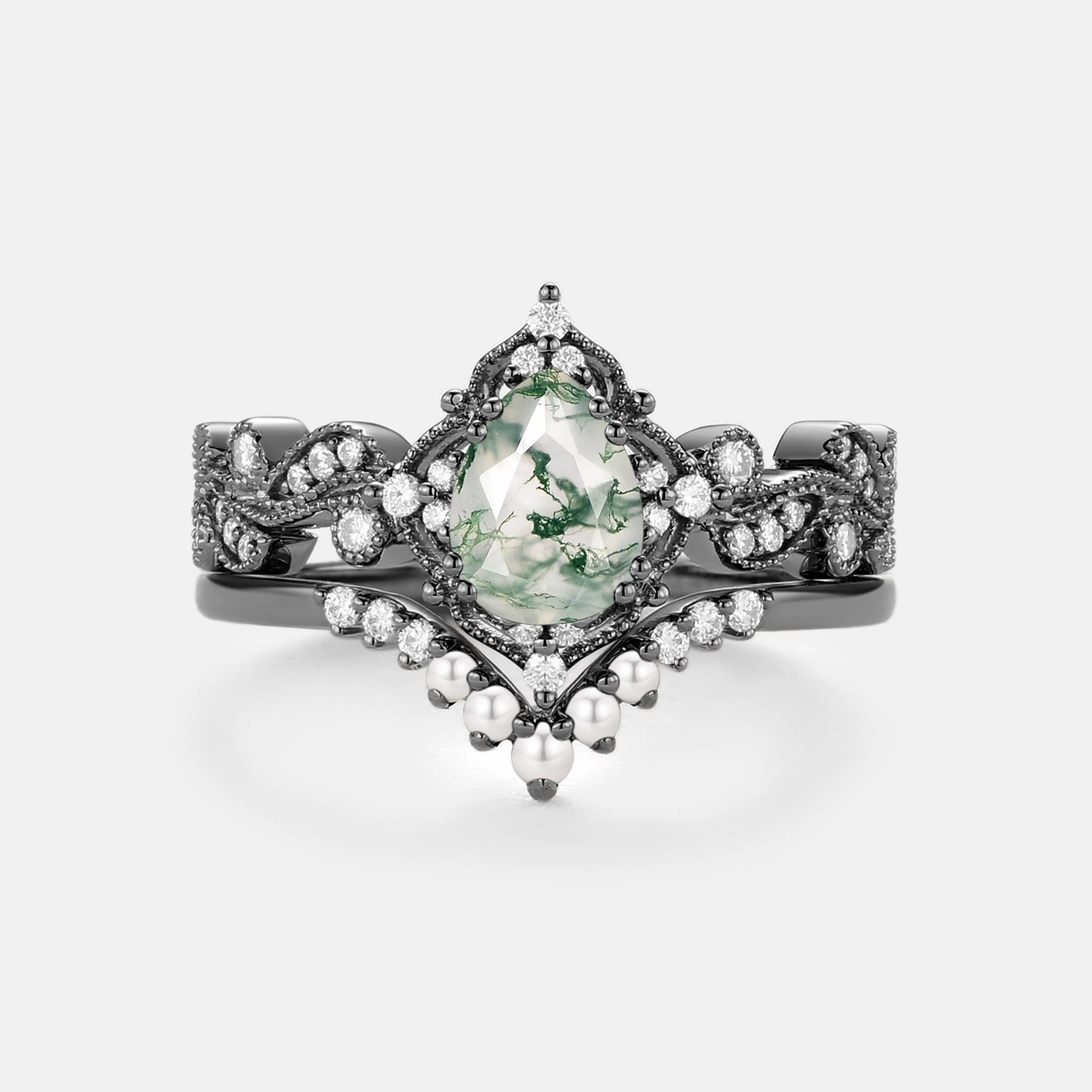 Timeless Fit Luxurious Style Black Gold Pear Shaped Moss Agate & Pearl Engagement Ring Set 2pcs - Harper